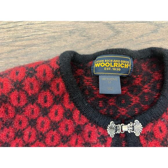 VTG Woolrich Red Cardigan Sweater 100% Wool Nordic Metal Clasps Women’s Sz M - Picture 2 of 4